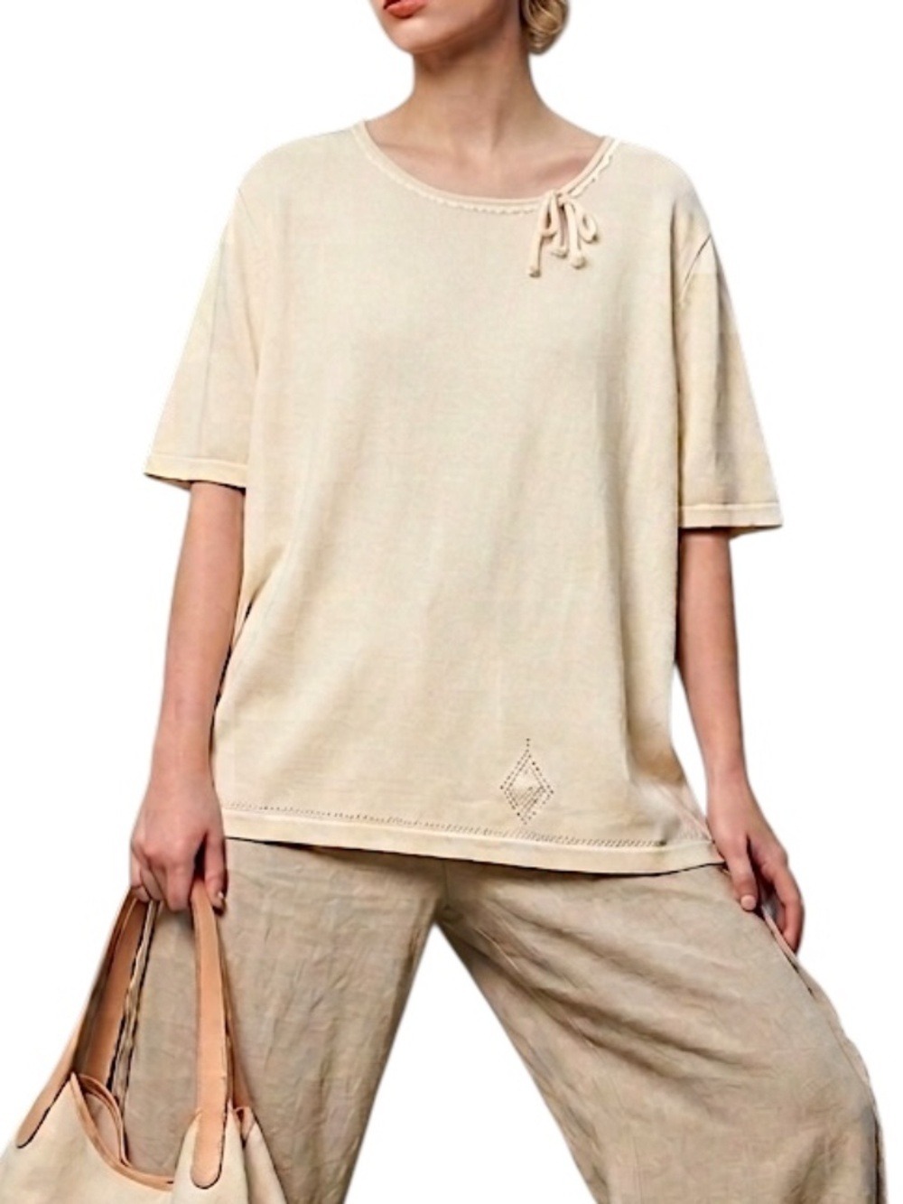 Vintage 90s cream cottagecore open work embroidered short sleeve knit top XL